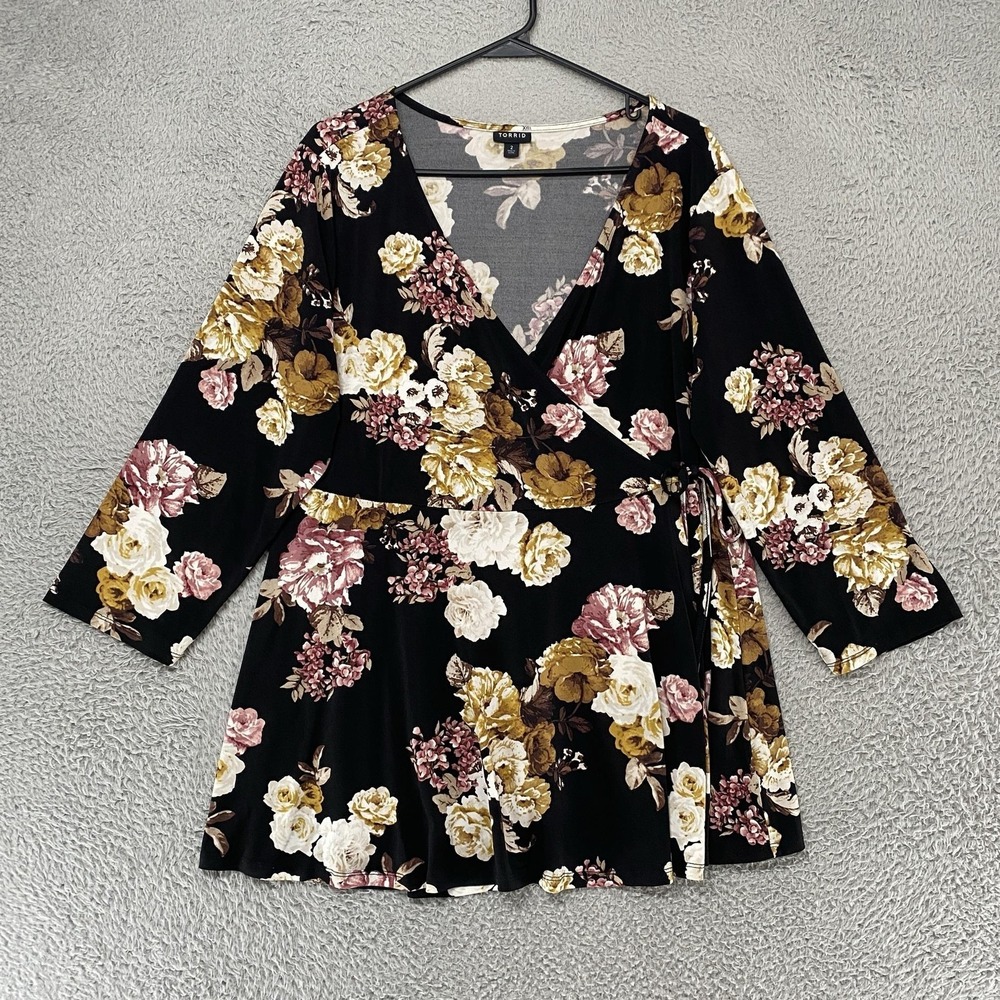 torrid Black Floral Wrap Top with Gold & Pink Accents